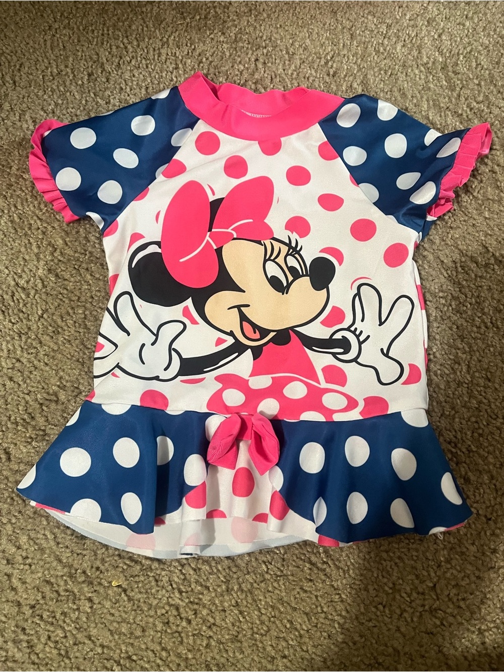 Disney Minnie Mouse Pink & Navy Polka Dot Girls Rash Guard Swim Top size 4T